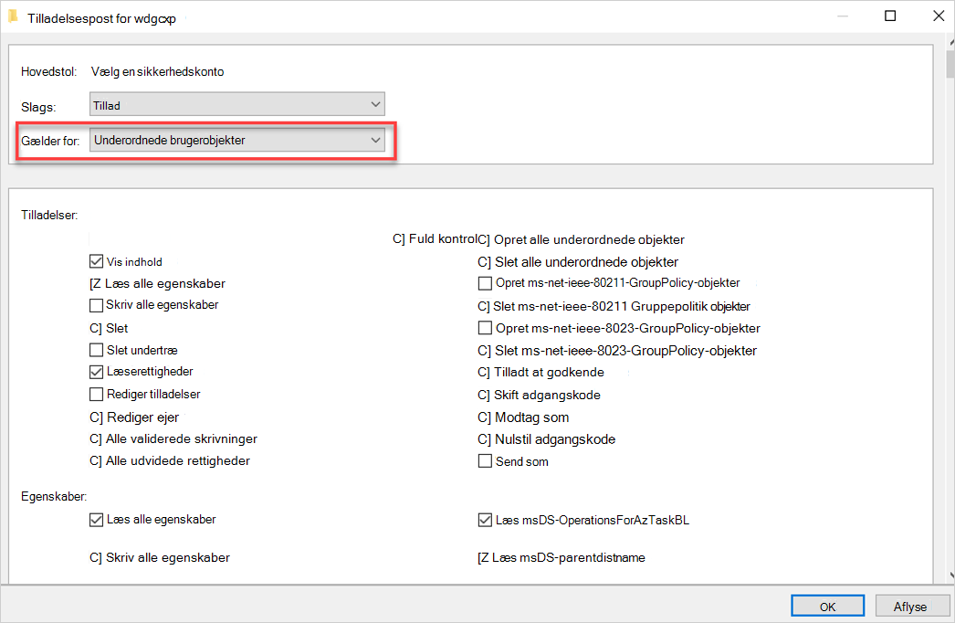 Skærmbillede af angivelse af tilladelser og egenskaber.