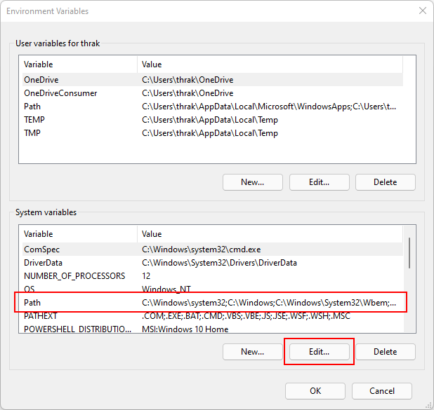 The environment variables window with user and system variables.