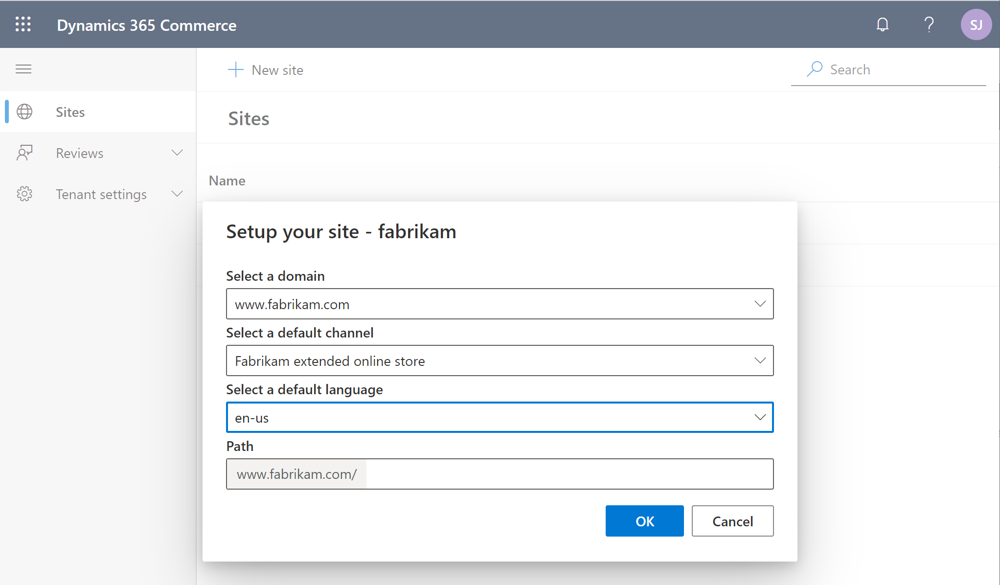 Dialogboks til initialisering af websted i Commerce-webstedsgenerator.