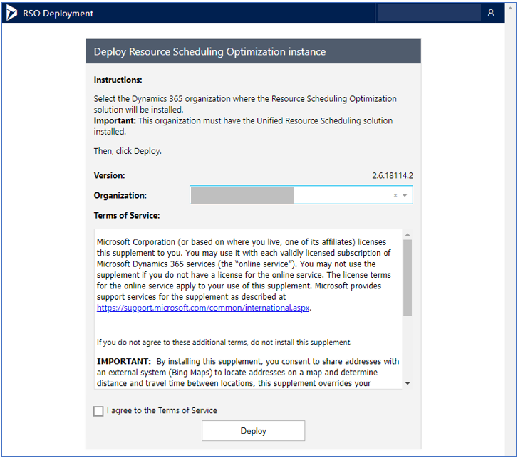 Skærmbillede af siden Installer Resource Scheduling Optimization-forekomst.