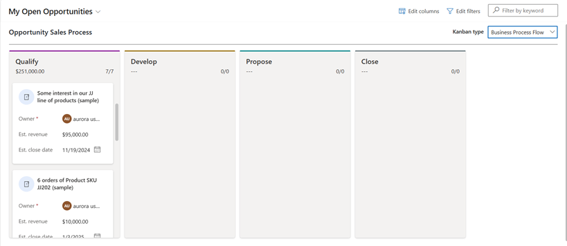 Forretningsprocesforløbsbaseret kanban-visning af salgsmuligheder