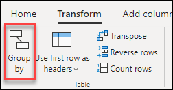 Skærmbillede af båndet Power Query, hvor indstillingen Gruppér efter er fremhævet under fanen Transformér.