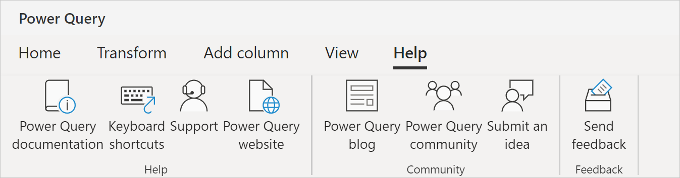 Skærmbillede af fanen Hjælp med Power Query-dokumentationen med alle de viste indstillinger for hjælp, community og feedback.