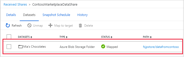 Screenshot der Registerkarte „Datasets“, mit einem erfolgreich ausgewählten Dataset