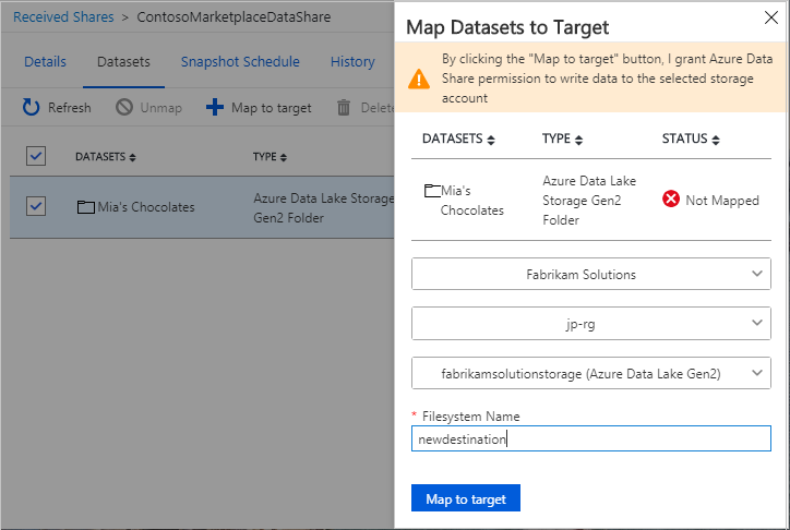 Screenshot der Seite „Datasets dem Ziel zuordnen“, mit einem vorgegebenen Dateinamen