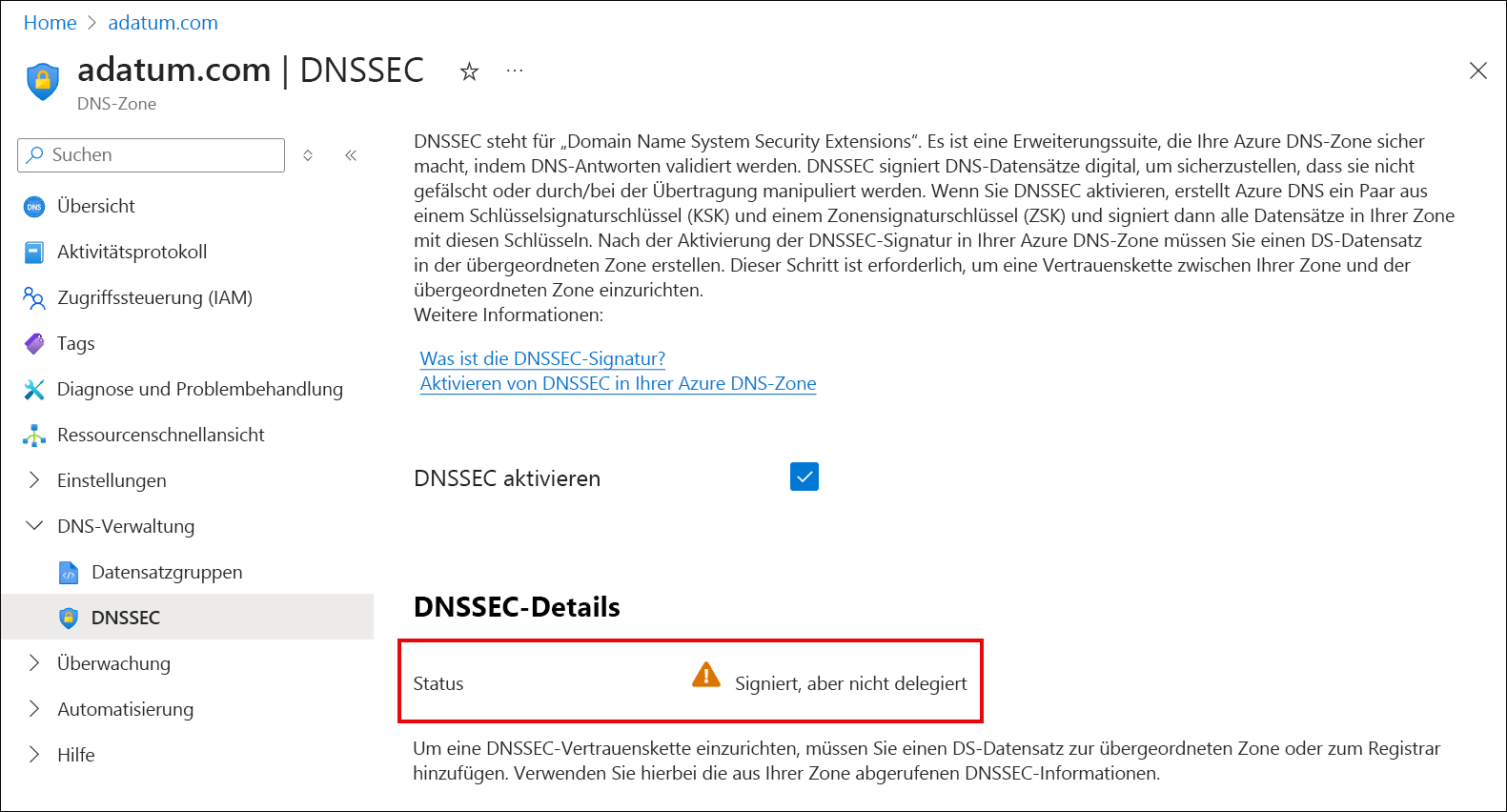 Screenshot der Bestätigung zum Deaktivieren von DNSSEC.