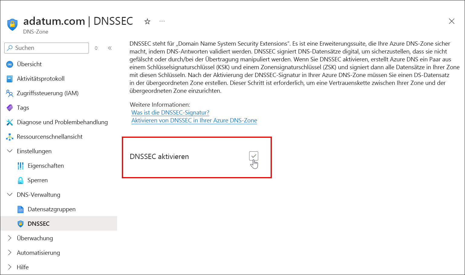 Screenshot: Aktivieren des Kontrollkästchens DNSSEC“