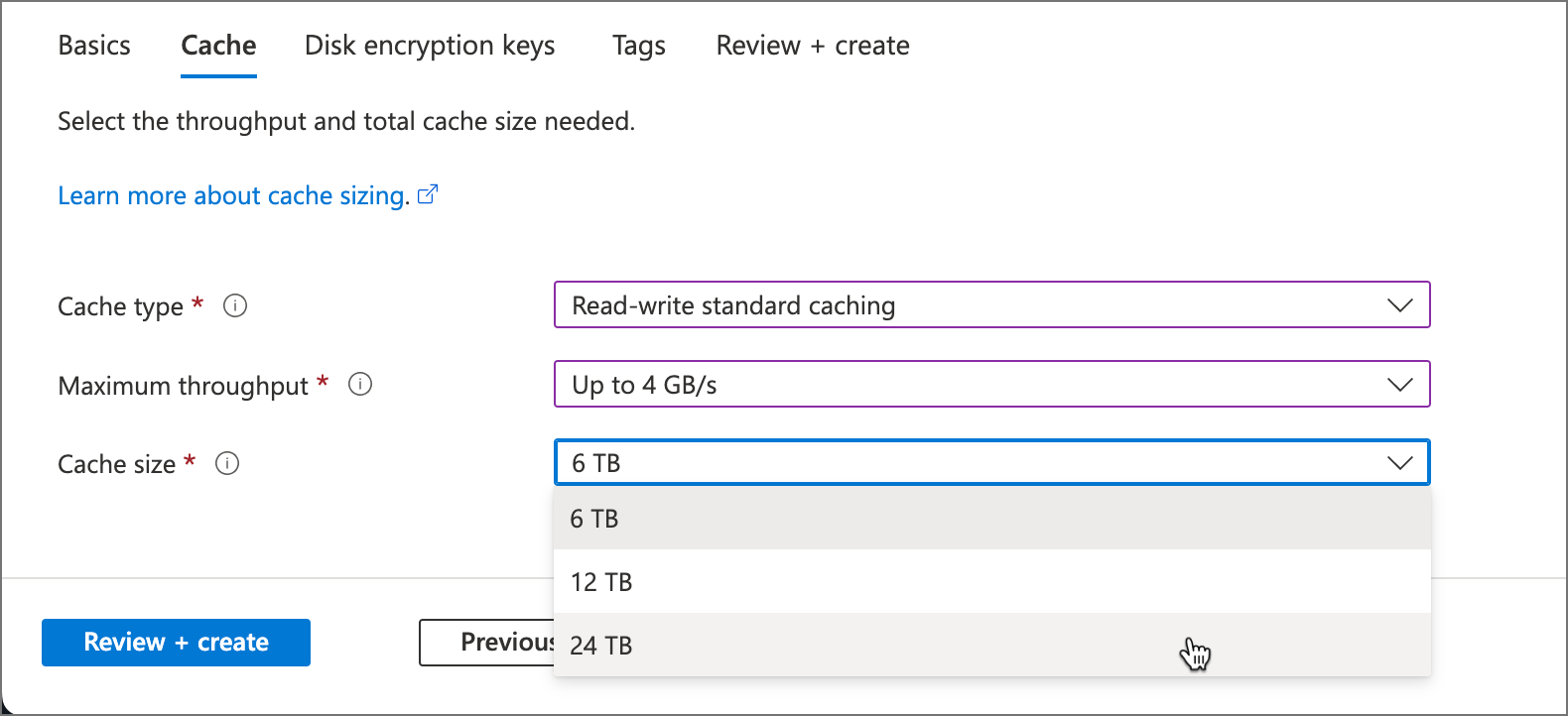 Screenshot: Seite zum Festlegen der Cachegröße im Azure-Portal.