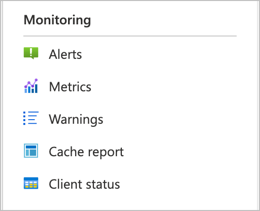 Screenshot des Menüs „Überwachung“ auf der linken Seite der Azure-Portal-Schnittstelle für HPC Cache.