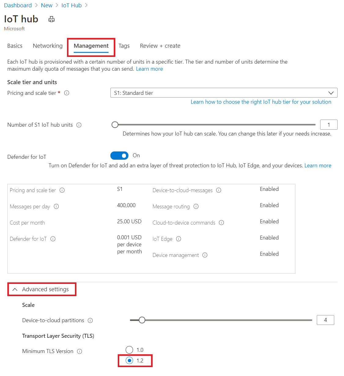 Screenshot der Aktivierung der TLS 1.2-Durchsetzung während der IoT-Hub-Erstellung.