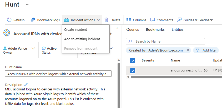 Screenshot des Aktionsmenüs für Incidents im Lesezeichenfenster.