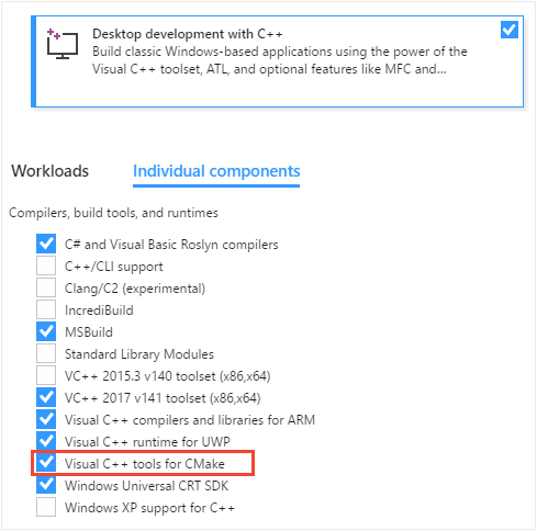 Screenshot des Visual Studio-Installers. Die Registerkarte „Einzelne Komponenten“ ist ausgewählt, auf der die Visual C++-Tools für CMake ausgewählt sind.