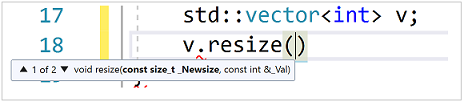 Screenshot der Parameterinformationen mit den Parametern für die Funktionsänderung auf Vektor v. Die Parameterinformationen sind: const size_t _Newsize, const int & _Val.