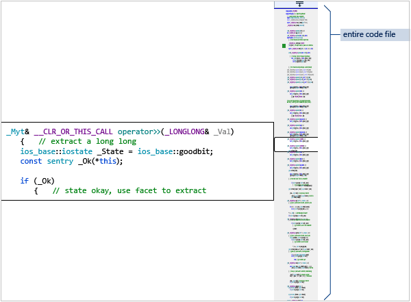 Screenshot der Code Map mit einer Gliederung der gesamten Datei rechts und einem Fenster, in dem der Code aus dem ausgewählten Teil der Map angezeigt wird.