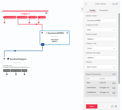 Screenshot der Konfiguration des „Stream forken“-Widgets.