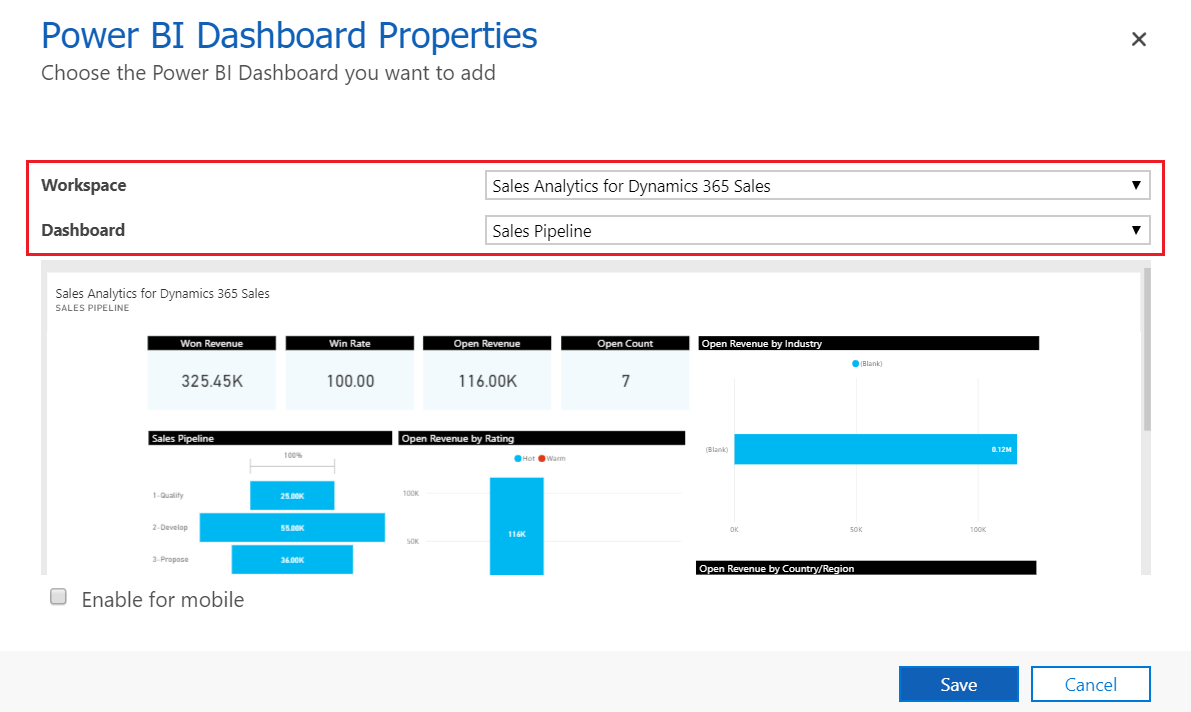 Power BI Dashboard-Eigenschaften.