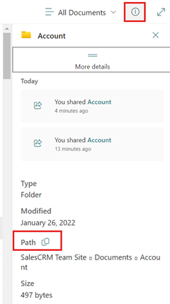 Screenshot des Detailbereichs in SharePoint mit hervorgehobenem Informationssymbol und hervorgehobenen Pfadfeldern.