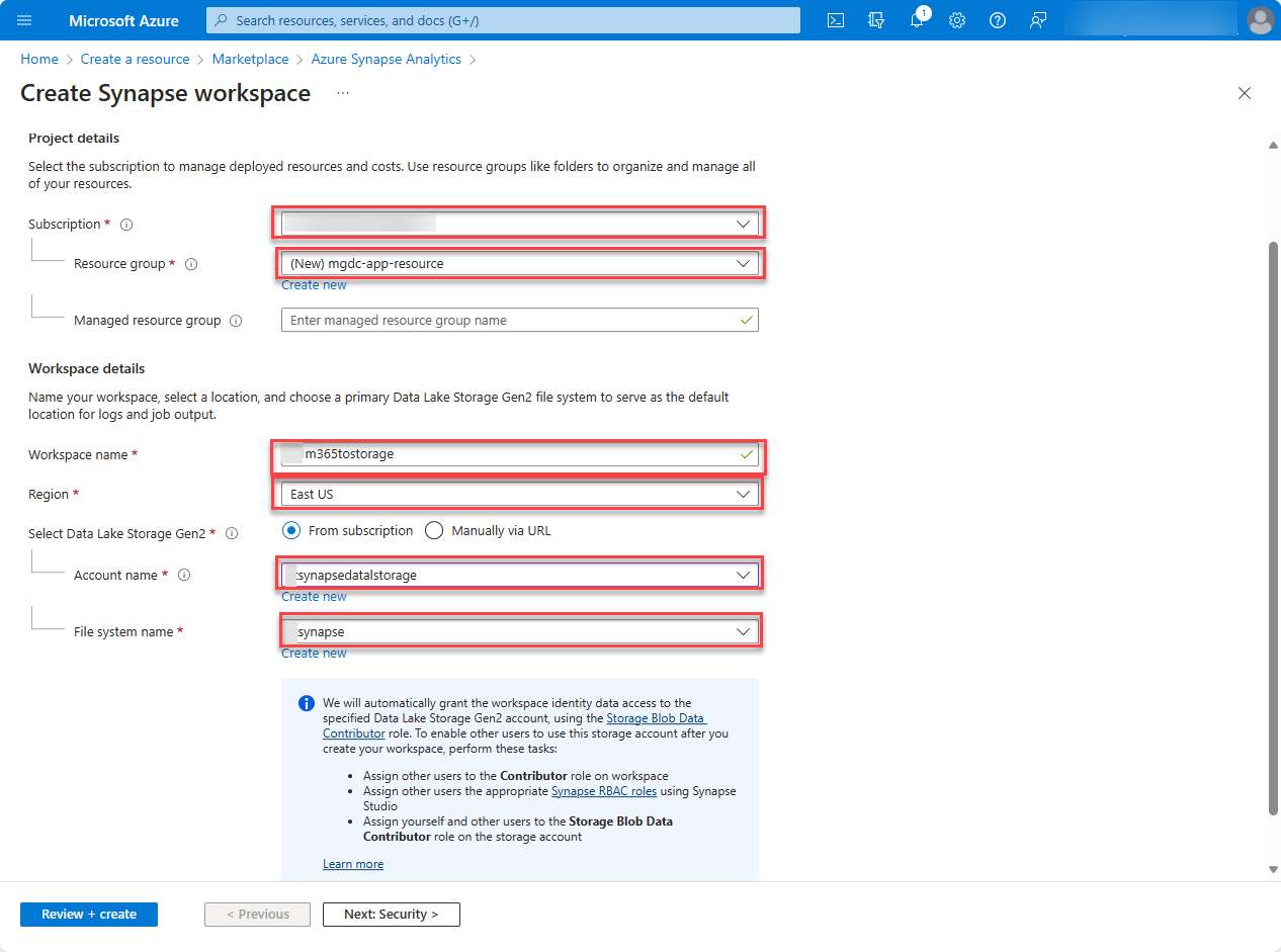 Screenshot der Azure Synapse Analytics-Seite mit den angezeigten Feldern und hervorgehobenen Werten eingabe und 