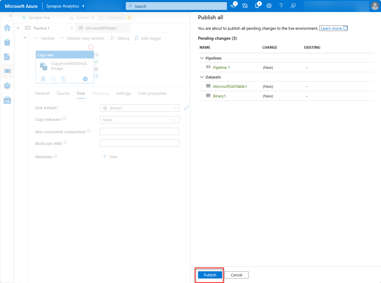 Screenshot der Synapse Analytics-Pipeline mit hervorgehobener Option 