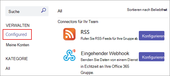 Screenshot: Konfigurierter Abschnitt für die vorhandenen Connectorverbindungen in einem Team