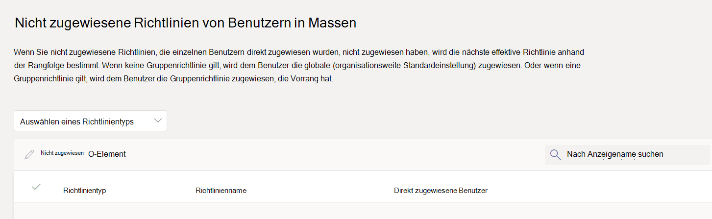 Aufheben der Zuweisung von Richtlinien auf der Massenseite im Teams Admin Center.