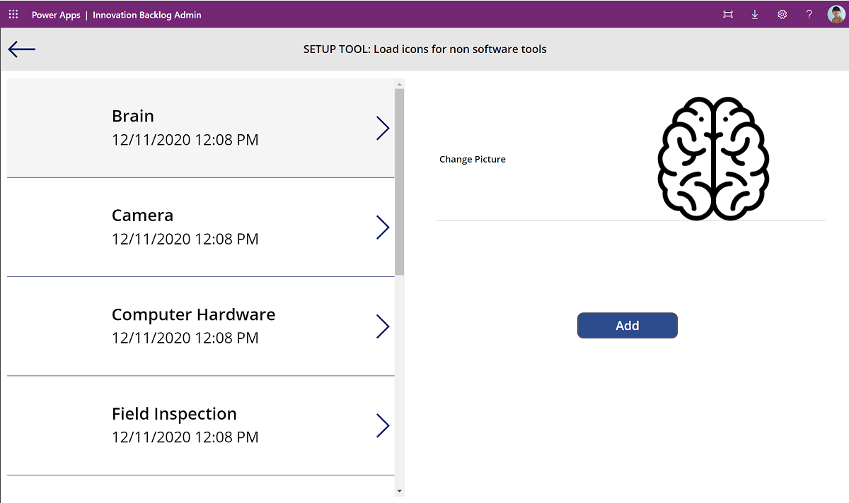 Hinzufügen eines Symbols für ein Nicht-Software-Tool in der Admin App.