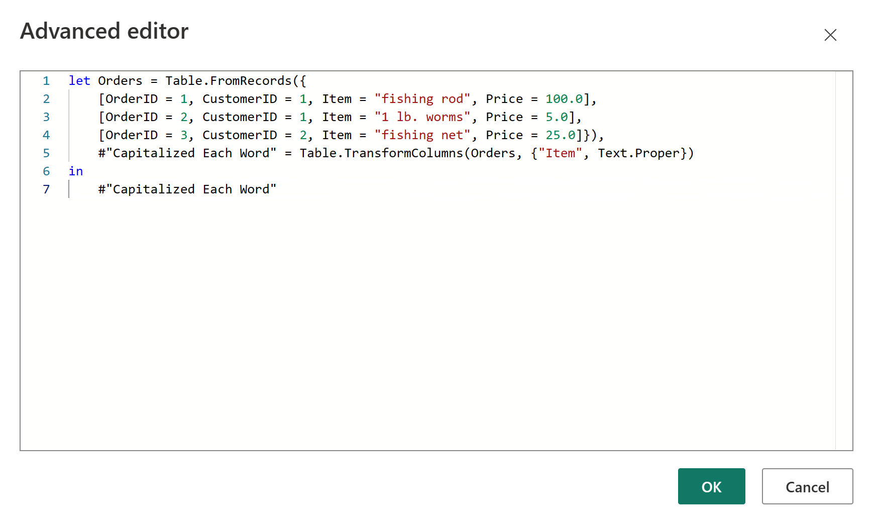 Screenshot des erweiterten Power Query-Editors mit allen M-Formelschritten zum Erstellen der Tabelle und um die Anfangsbuchstaben großzuschreiben.