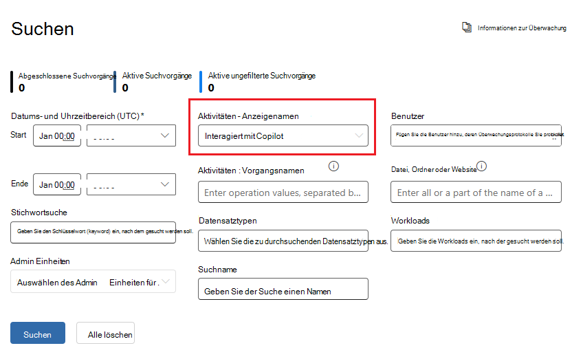 Überwachungsoptionen zum Identifizieren von Benutzerinteraktionen mit Copilot.