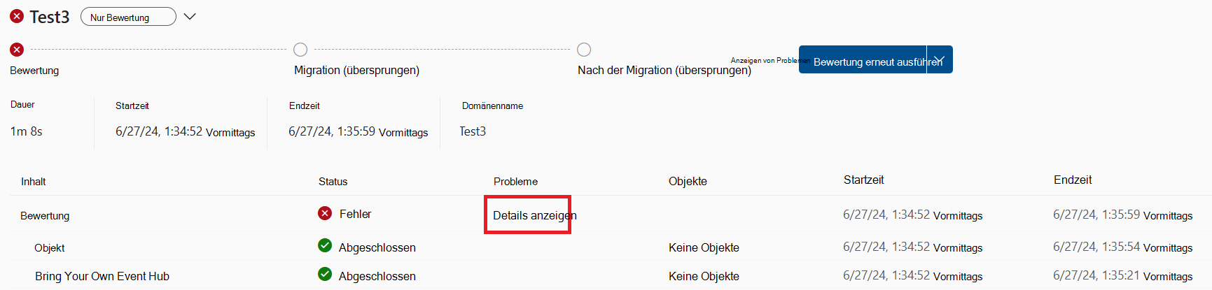 Screenshot der Mergezusammenfassungsansicht mit den Schaltflächen zum Anzeigen von Details für die Seriendruckausführungen.