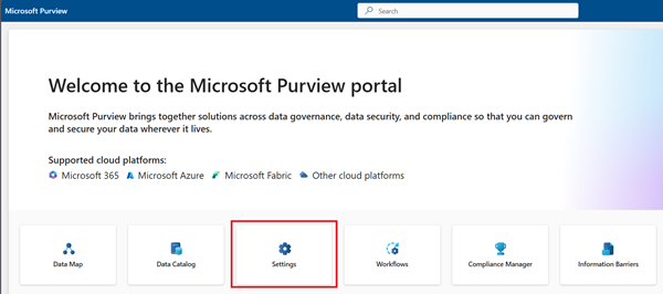 Screenshot: Hervorgehobene Einstellungslösung im Microsoft Purview-Portal Standard Seite