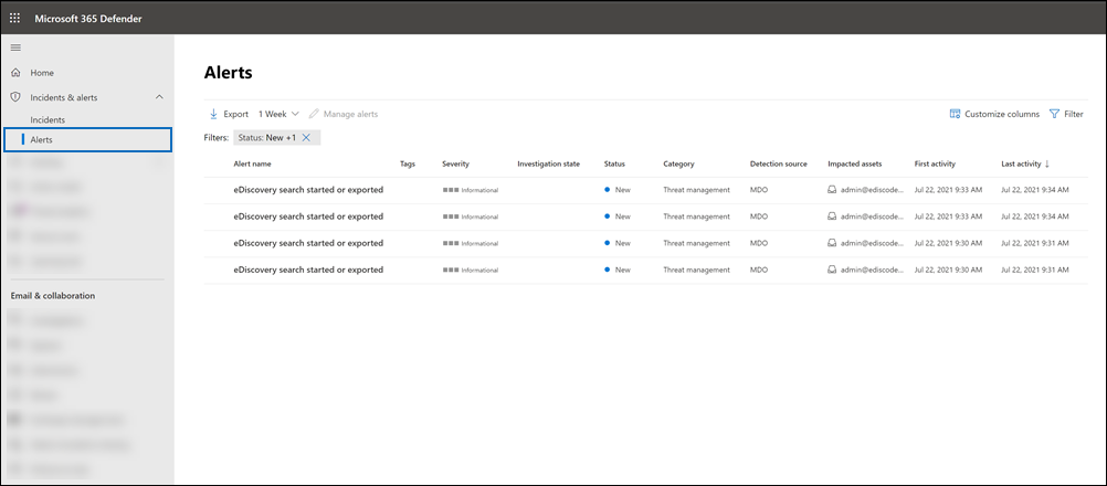 Wählen Sie im Microsoft Defender-Portal Die Option Incidents & Warnungen und dann Warnungen aus.