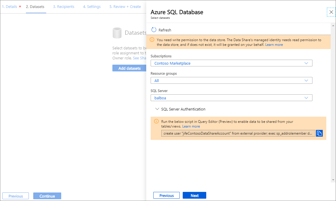 Screenshot des Fensters „Dataset“ von Azure SQL-Datenbank mit einem ausgewählten SQL-Server