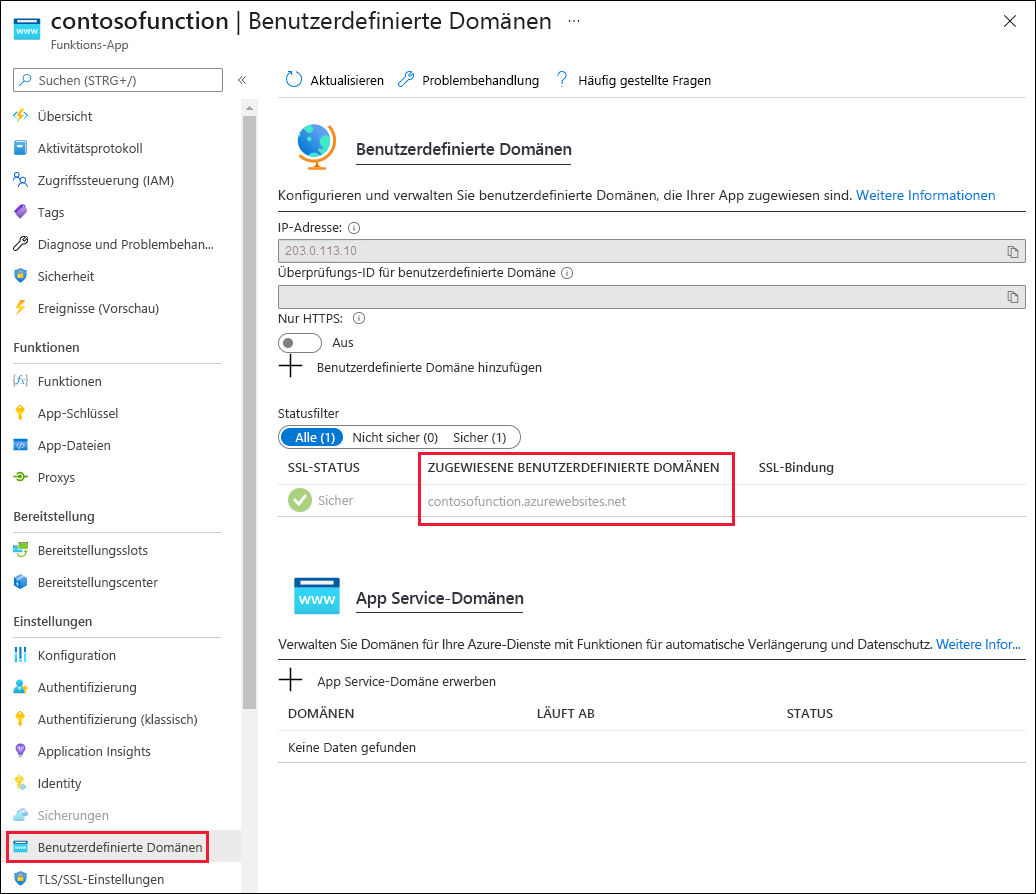 Screenshot: Benutzerdefinierte Domänen für Funktions-App.