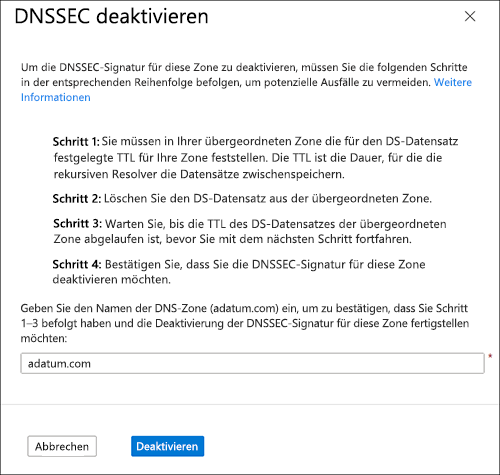 Screenshot des Bereichs „DNSSEC deaktivieren“.