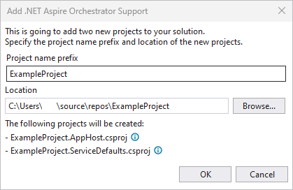 Ein Screenshot, der die Orchestrierungszusammenfassung des Hinzufügens von Visual Studio.NET Aspire zeigt.