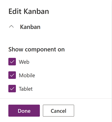 Screenshot des Flyers „Kanban bearbeiten“ mit ausgewähltem Web, Mobilgerät und Tablet