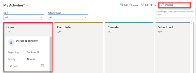 Verwenden Sie das Suchfeld, um Datensätze in der Kanban-Ansicht zu filtern.