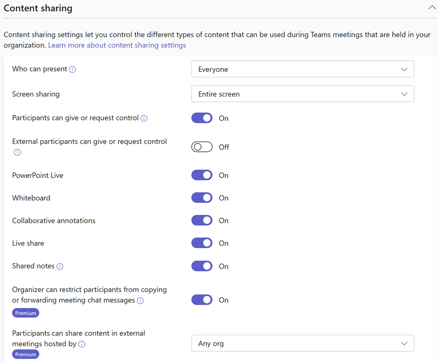 Screenshot: Richtlinien für die Freigabe von Inhalten in Teams im Teams Admin Center