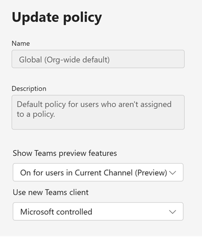 Screenshot der Teams-Updaterichtlinie im Teams Admin Center.