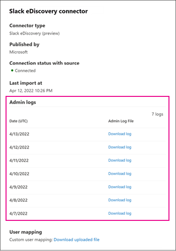 Administratorprotokolle, die auf der Flyoutseite des Datenconnectors angezeigt werden.