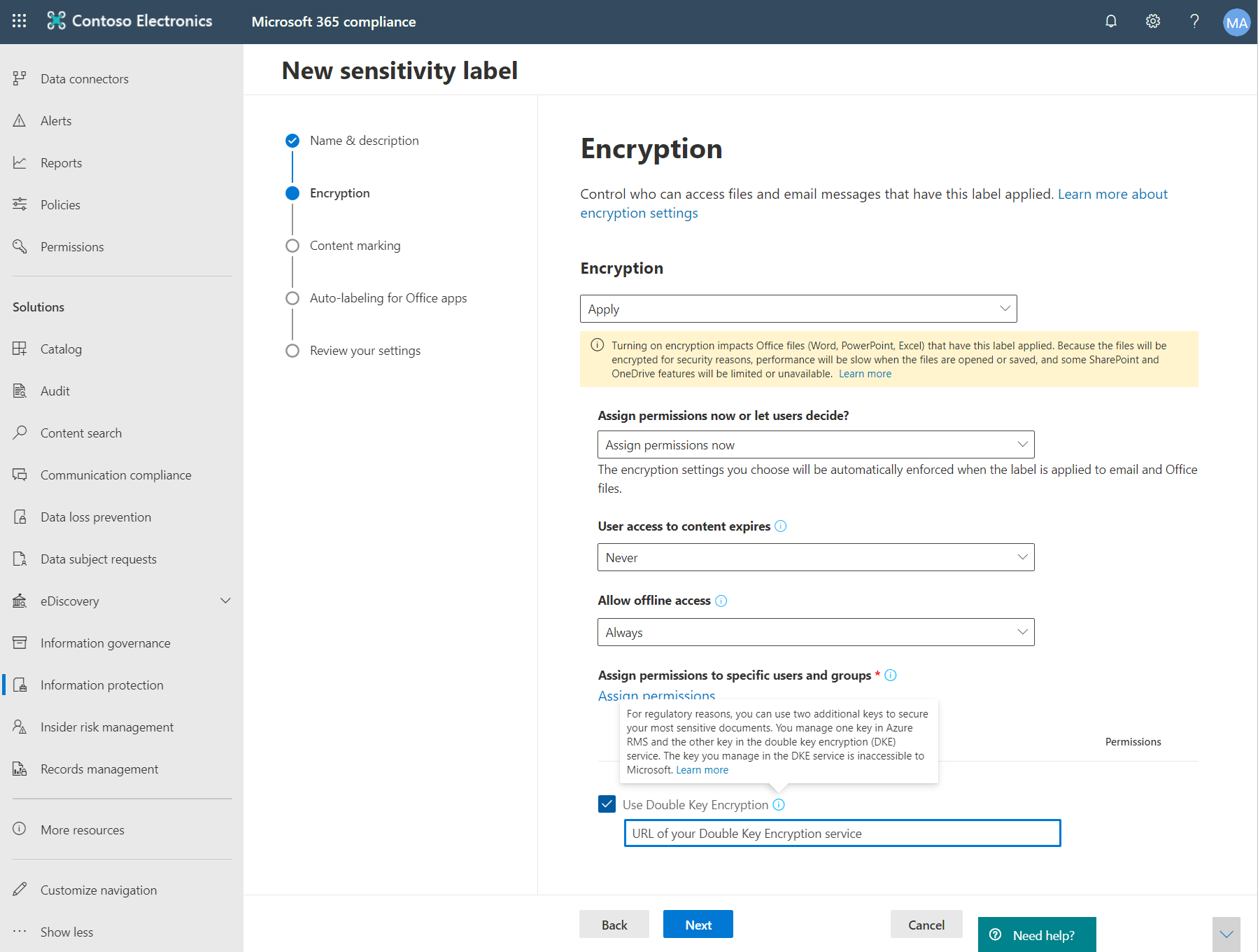 Wählen Sie im Microsoft Purview-Complianceportal die Option Use Double Key Encryption (Verschlüsselung mit doppeltem Schlüssel verwenden) aus.