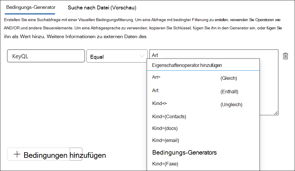 Der KeyQL-Editor schlägt Werte für einige Eigenschaften vor.