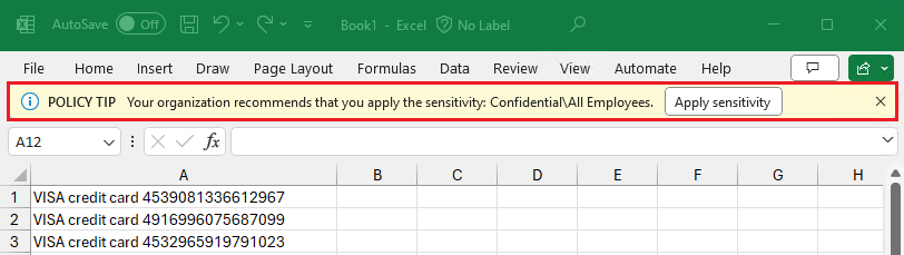 Standardaufforderung für einen Benutzer, eine erforderliche Vertraulichkeitsbezeichnung in Excel zuzuweisen.