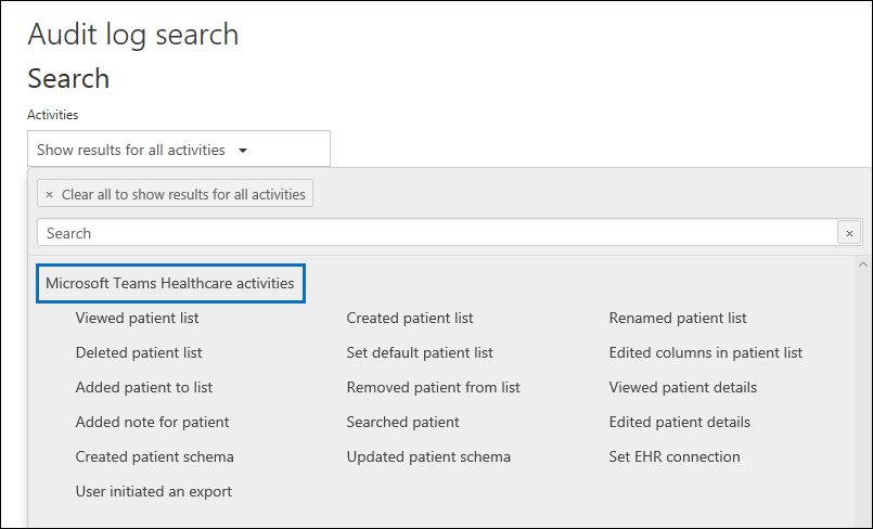 Microsoft Teams-Aktivitäten im Gesundheitswesen in der Auswahlliste „Aktivitäten“.