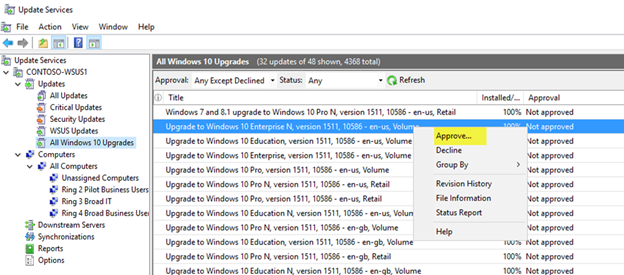 Genehmigen Sie das Feature, das Sie in der WSUS-Verwaltungskonsole bereitstellen möchten.