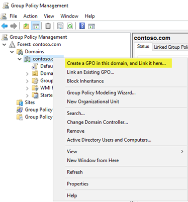 Erstellen Sie ein Gruppenrichtlinienobjekt in diesem Domänenbeispiel auf der Benutzeroberfläche.