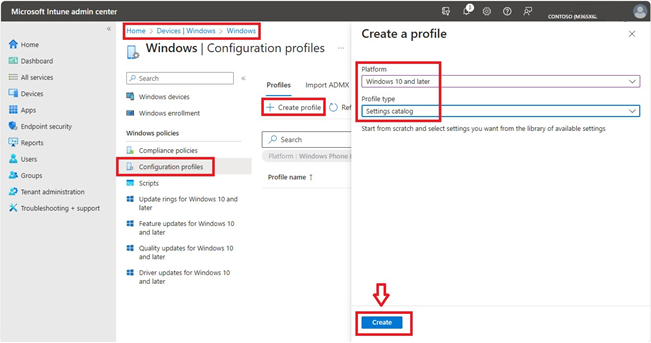 Screenshot des Microsoft Intune-Administrationszentrums Windows-Konfigurationsprofile