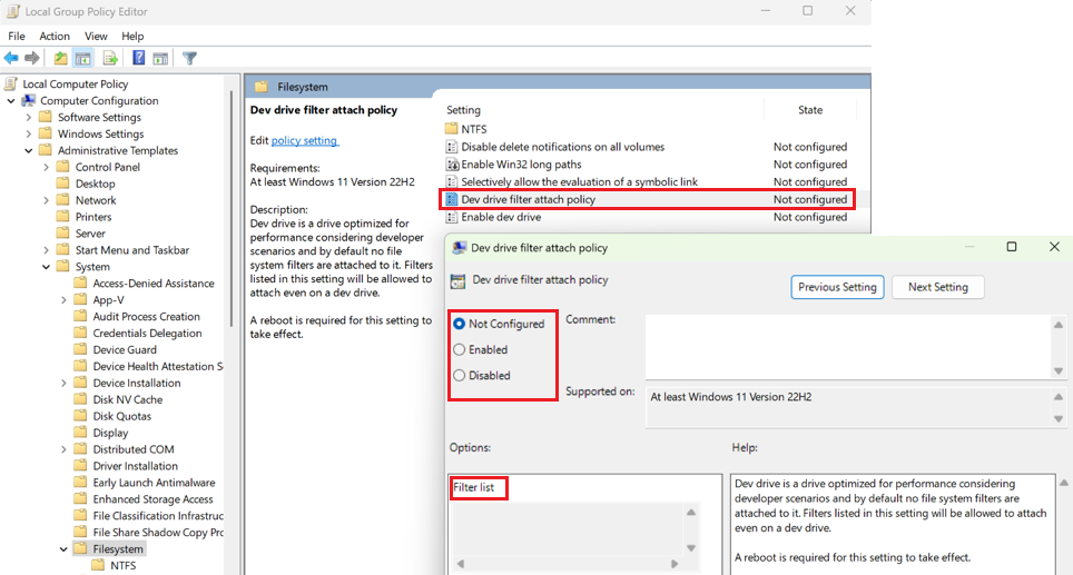 Screenshot der Auswahl von Dev Drive filter attach policy und Filterliste im Editor für lokale Gruppenrichtlinien