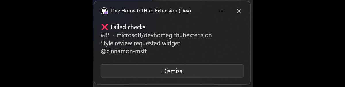 Screenshot: Windows-Benachrichtigung über Fehler bei der Überprüfung, die von Dev Home GitHub-Erweiterungen gesteuert wird