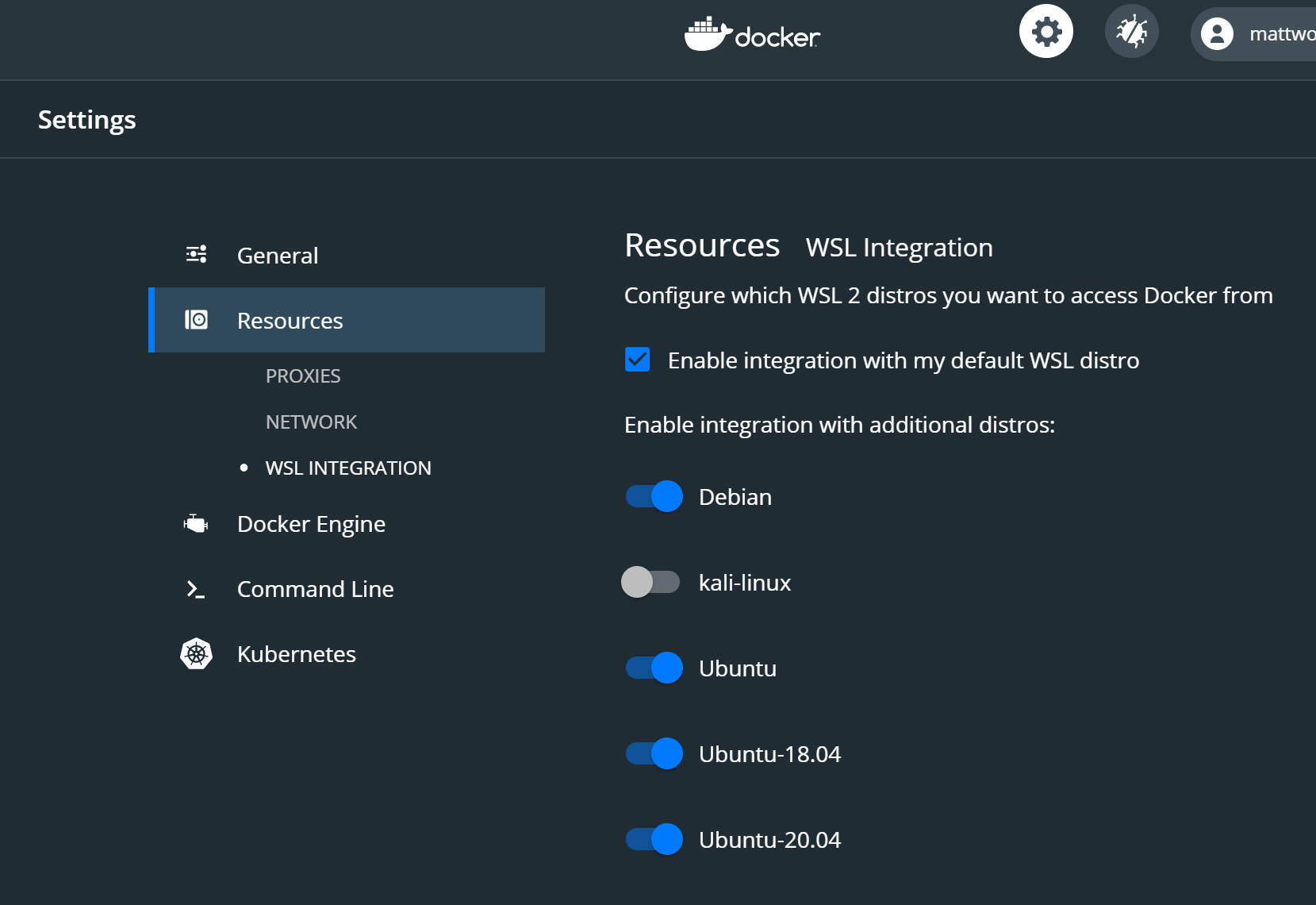 Screenshot des WSL2-Menüs in Docker Desktop